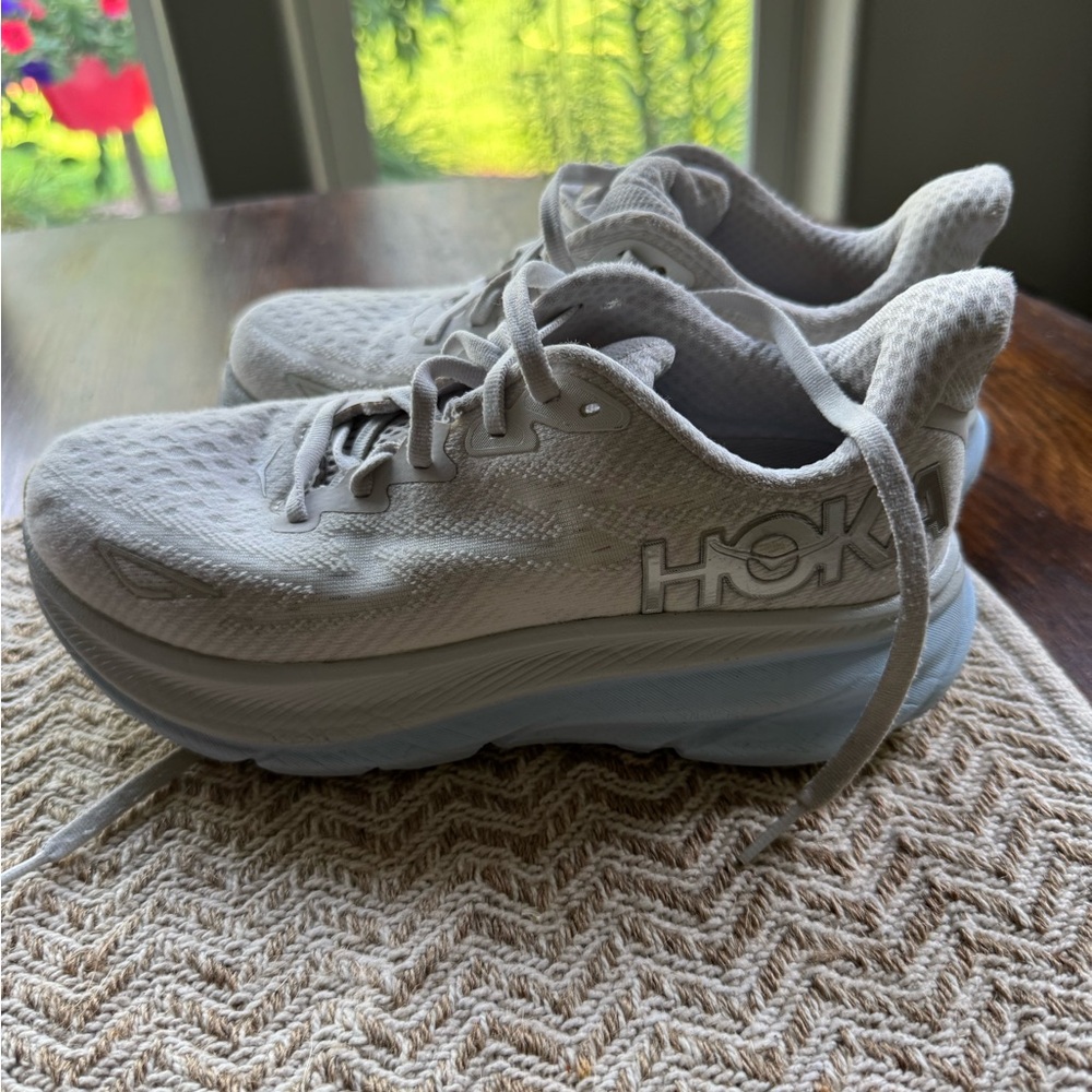 Hoka White and Light Blue Athletic Shoes
